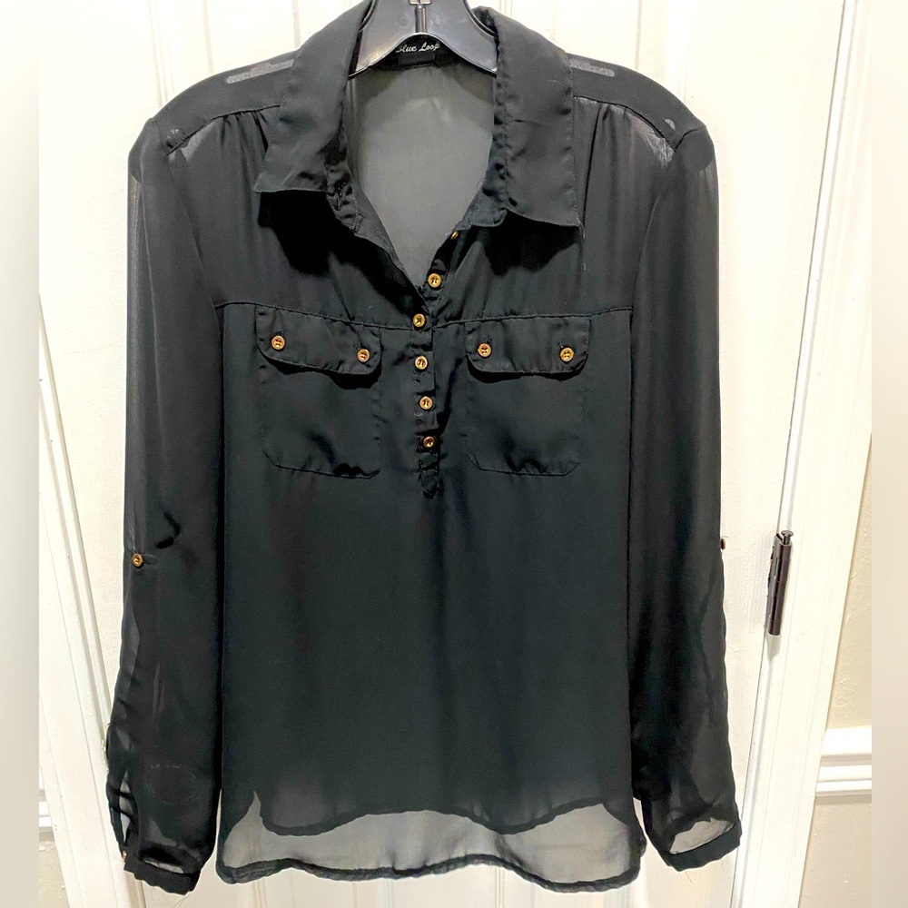 Large Blue loop sheer black top